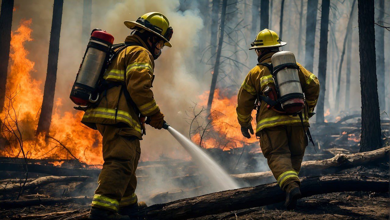 Two firemen are spraying water on a fire.